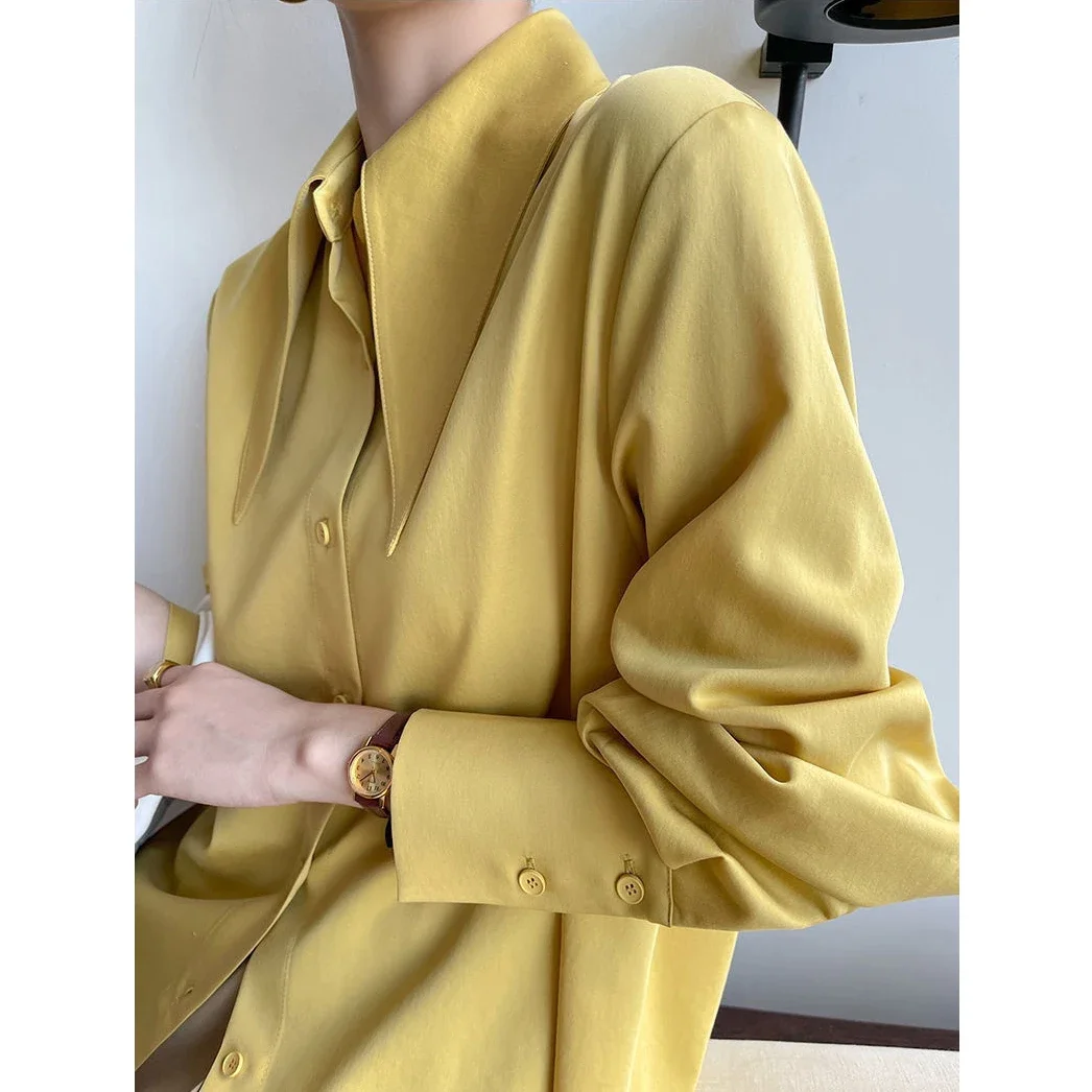 Satin White Shirts Women Korean Design Pointed Lapel Smooth Blouses Casual Loose Spring Camisas New Soft Tops Office Blusas