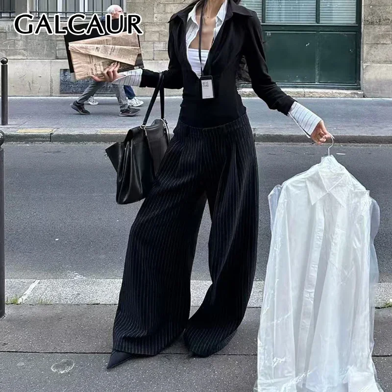 

GALCAUR Hit Color Casual Spliced Stripe Trousers for Women High Wiast Minimalist Solid Wide Leg Pants Female Autumn Clothing New