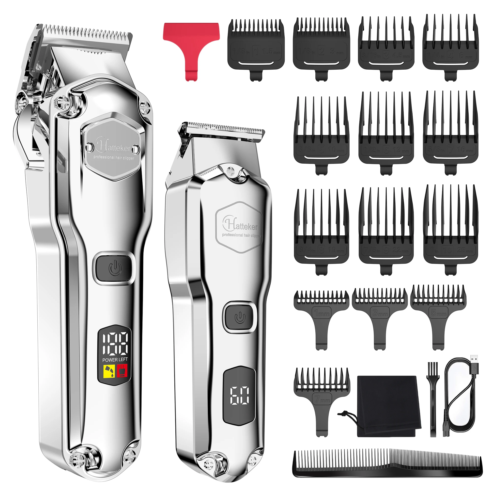 Hatteker Pro Cordless Hair Clippers 18-Piece Barber Kit Metal Electric Trimmer Men's Hair Cutting Machine