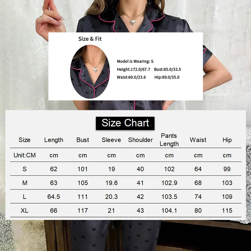 Women\'s Sleepwear Home Suit Heart Print Pajamas Short Sleeve Buttons Top & Elastic Waistband Pants Pyjama 2 Piece Set Loungewear