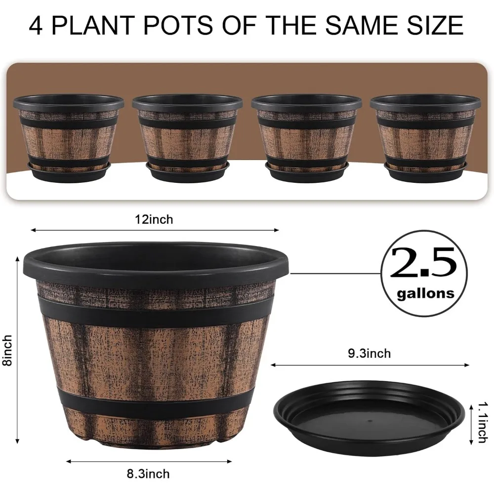 

Large Whiskey Barrel Planters Set of 4, 12 Inch Plastic Flower Pots with Drainage & Saucer for Indoor Outdoor Garden Plants