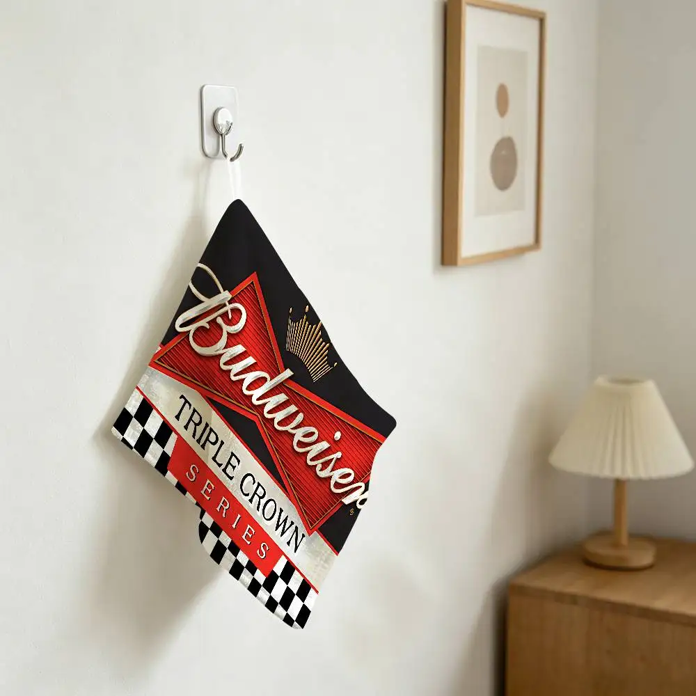 Classic Beer Brand B-Budreiser Hanging Kitchen Towel, Polyester Cotton Material, Multipurpose Hand Wiping Towel For Family