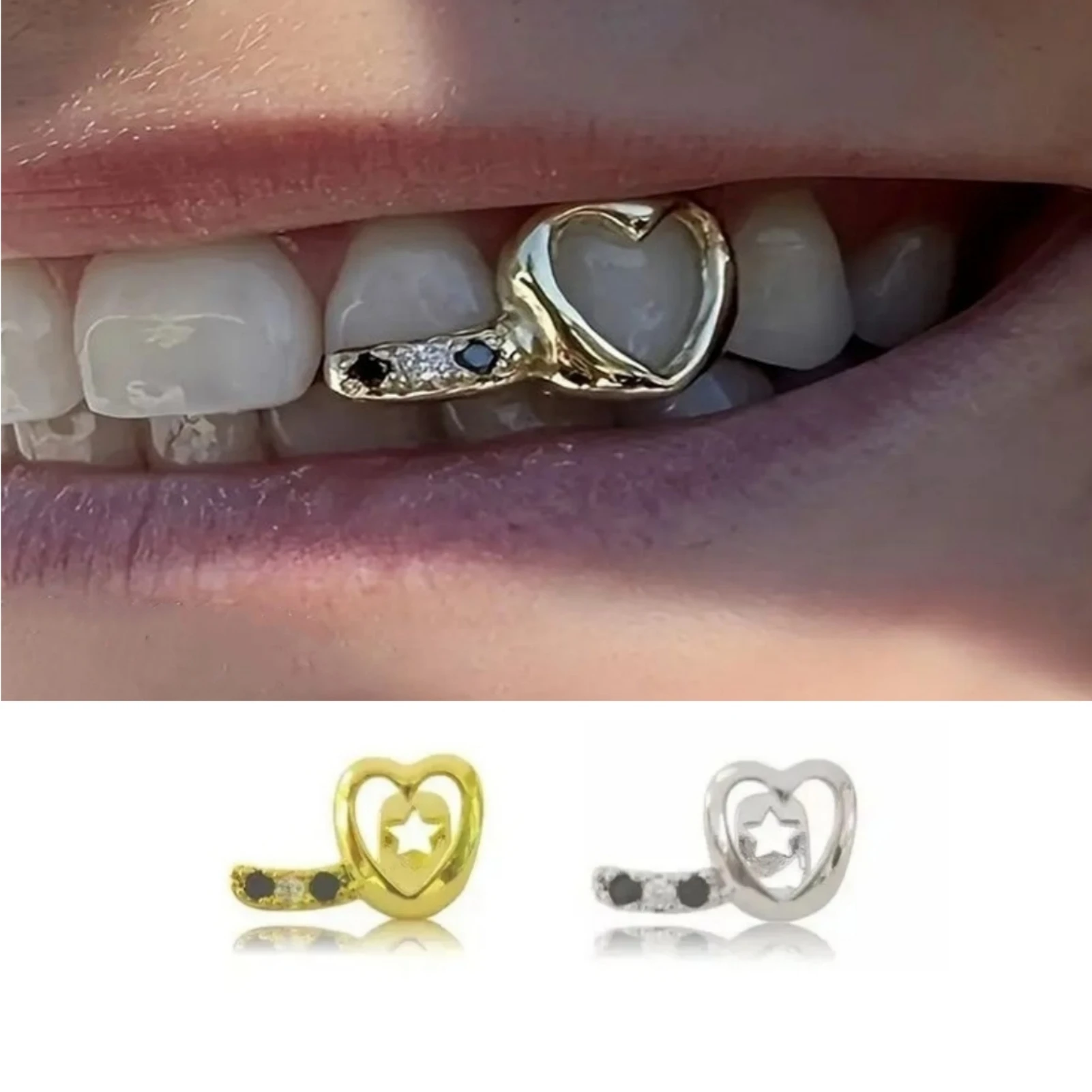 Unisex Single Hollowed out Heart Grillz Teeth with Horizontal Bar Zircon Tooth Caps Jewelry Accessory for Women And Men