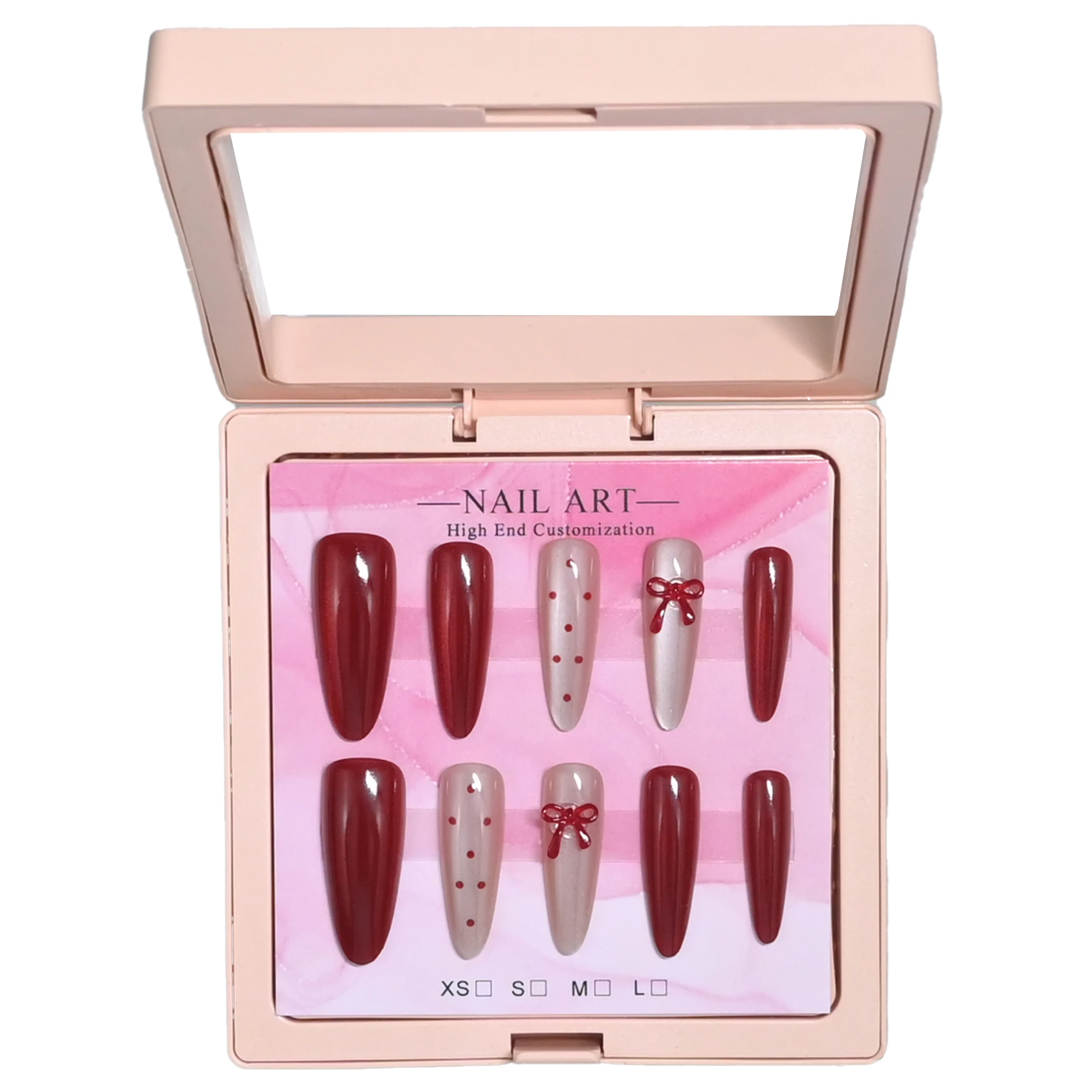 10 handmade stiletto nails in pink gift box. Burgundy cat-eye base with nude polka dots & 3D bows. Reusable, sweet retro style f view 2