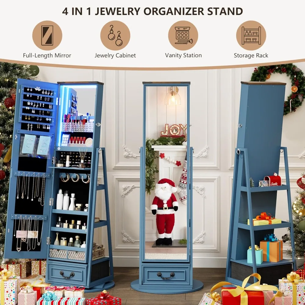 Standing Full-Length Mirror Jewelry Armories, Jewelry Organizer with LED Lights 360° Swivel, Lockable Jewelry Cabinet