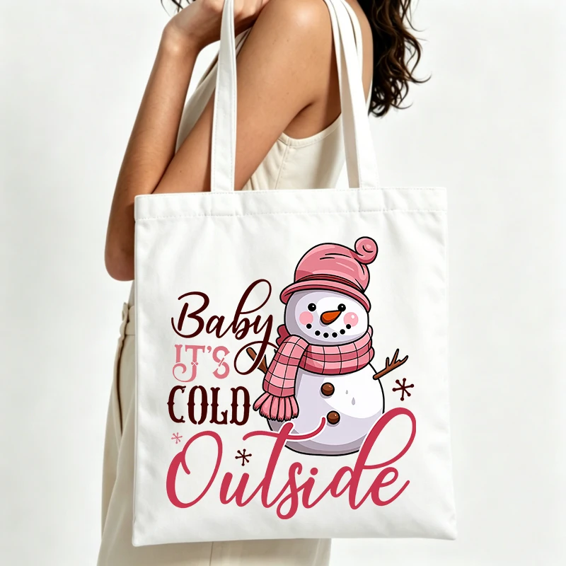 snowman graphic canvas tote bag with letter print, perfect for casual winter outings and daily shopping