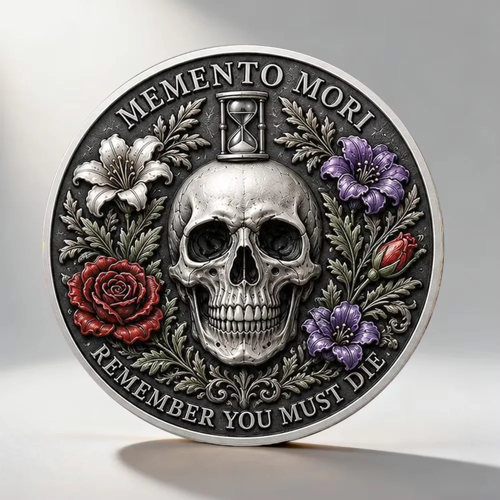 2D Flat Memento Mori Silvery Plated Challenge Coin Skull Rose Flower Live Fully Love Deeply Memento Mori Coin Keepsake Gift