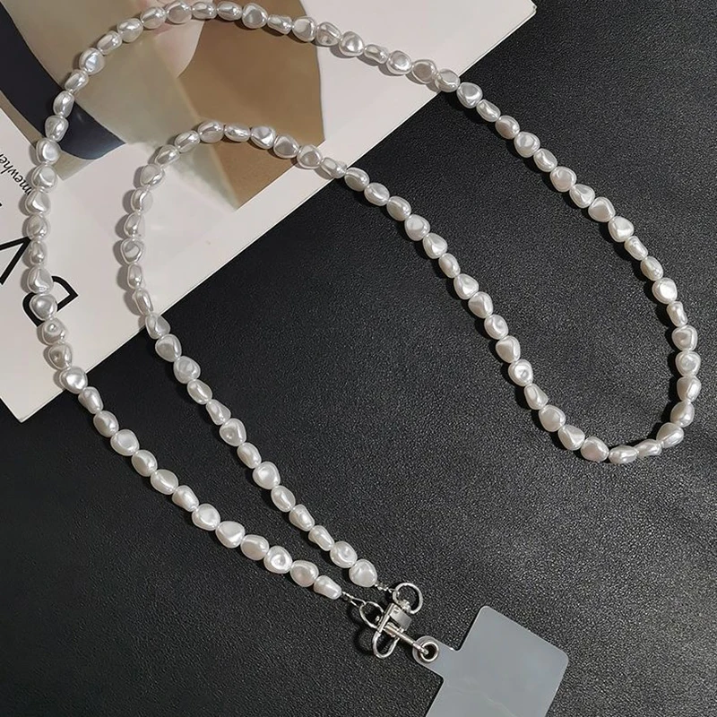 Mobile Phone Lanyard Women's Crossbody Beaded Chain Senior Fashion Flat Pearl Chain Anti-loss Sling Strapclip Phone Charm Strap