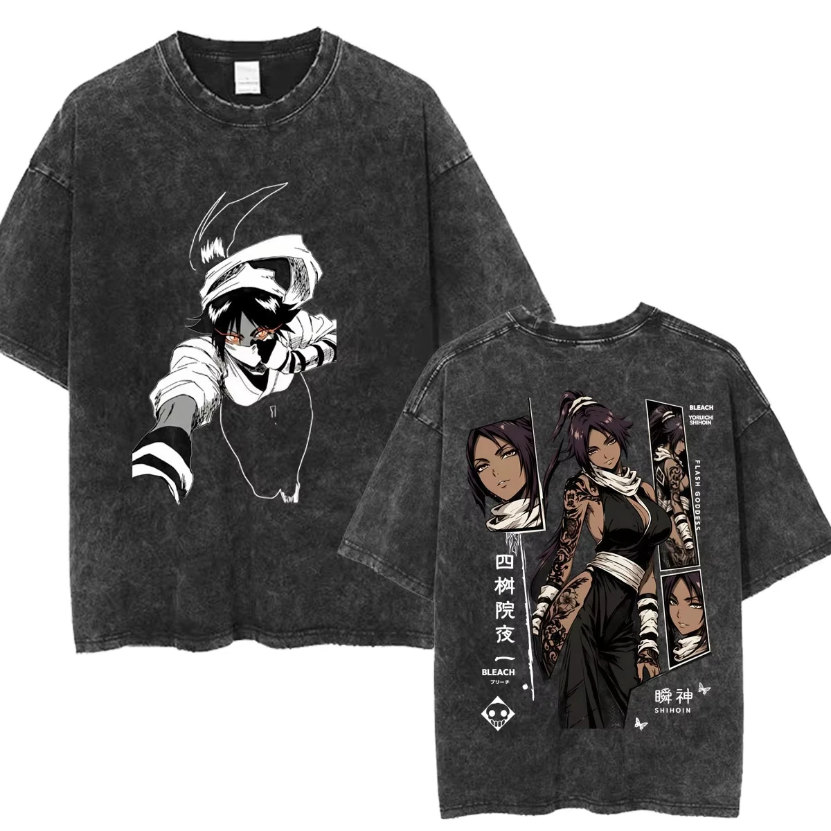 Summer Washed Japan Anime Bleach Yoruichi T-shirt Y2K Unisex Casual Streetwear Oversized T-shirt Print Crew Neck Casual T Shirt
