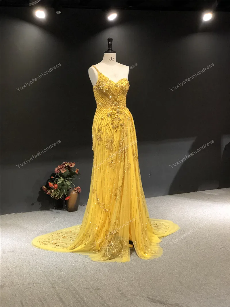 100%Real Pictures Gold Color Heavy Beads One Shoulder Sleeveless Mermaid  Formal Party Prom Bridal Women Dance Evening Dresses - AliExpress 320
