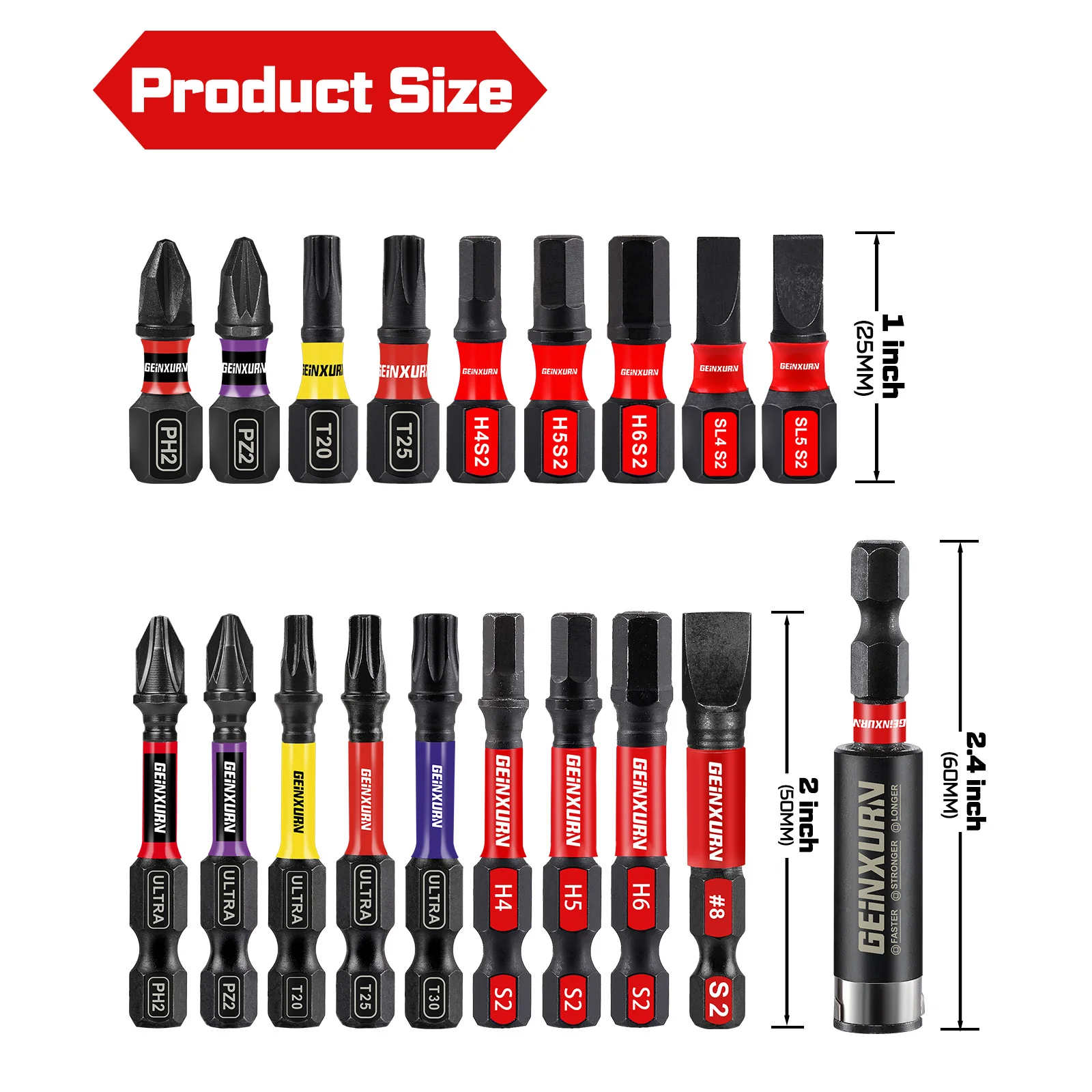 مجموعة لقم مفك براغي Geinxurn Impact Phillipes/Square/Slotted/Hex، مجموعة لقم فولاذية S2 مغناطيسية مقاس 1 بوصة/2 بوصة مع قاعدة مشفرة بالألوان #2