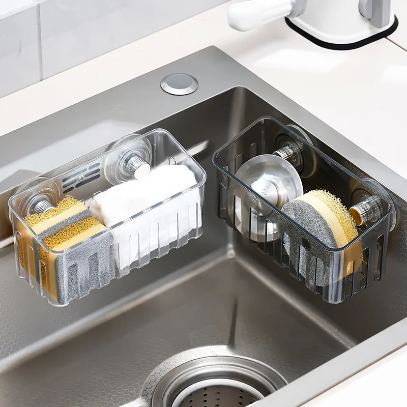 Suction Cup Sink Caddy Sponge Holder Wall Mount Drain Rack No Drill Kitchen Organizer for Faucet Dish Brush Soap Storage