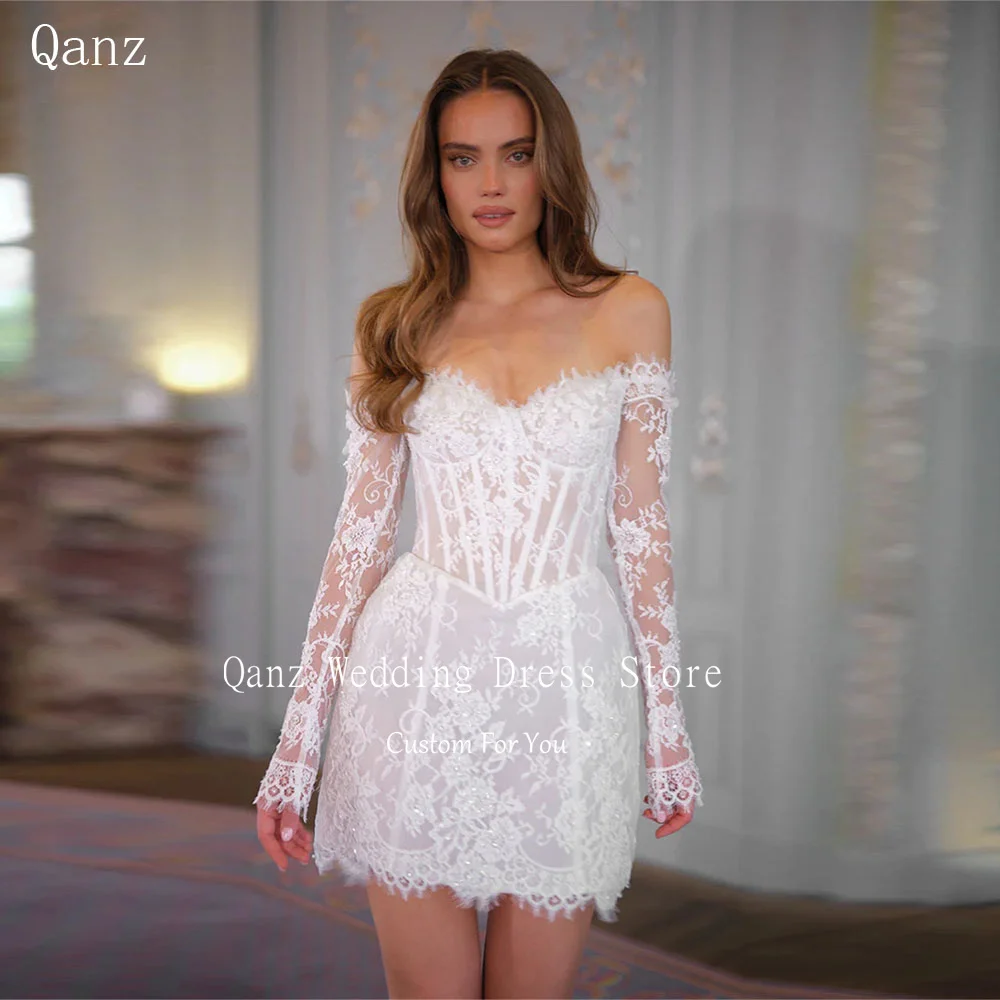 

Qanz Exquisite Lace Appliques Weddings Dresses Sweetheart Off The Shouder Pearls Robe De Mariée Short Bridal Gowns Customized