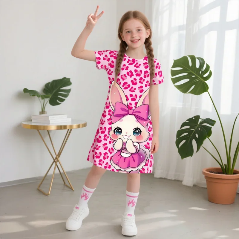 

2025 Girls Cartoon Bunny, Cute Everyday, Short Sleeve Dress Fashion Printed Dress