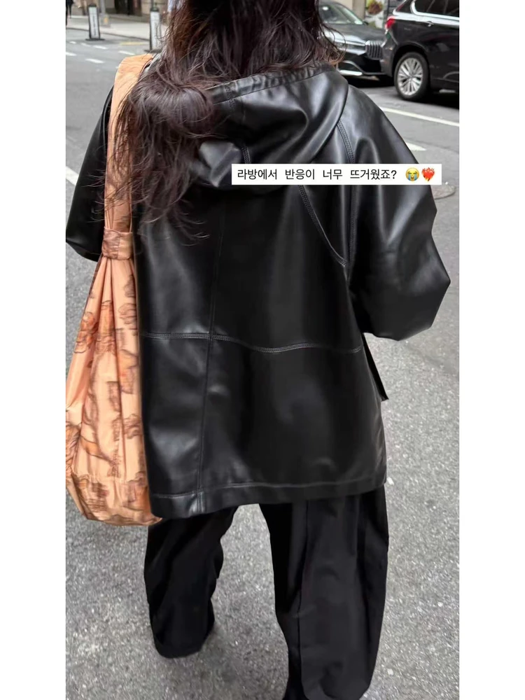   فضفاضة تناسب المرأة السائق Sle Jaet مع غطاء محرك السيارة انفصال معطف جلد خمر Faion طويل Sve منتصف طول سستة