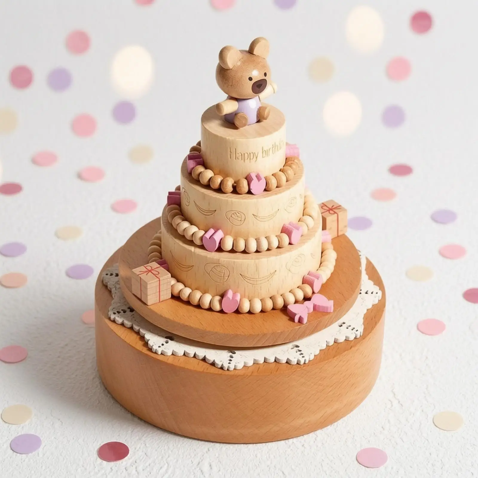 Handcrafted Bear-Themed Wooden Music Box | Music Box with Rotating turntable, for Children's Room