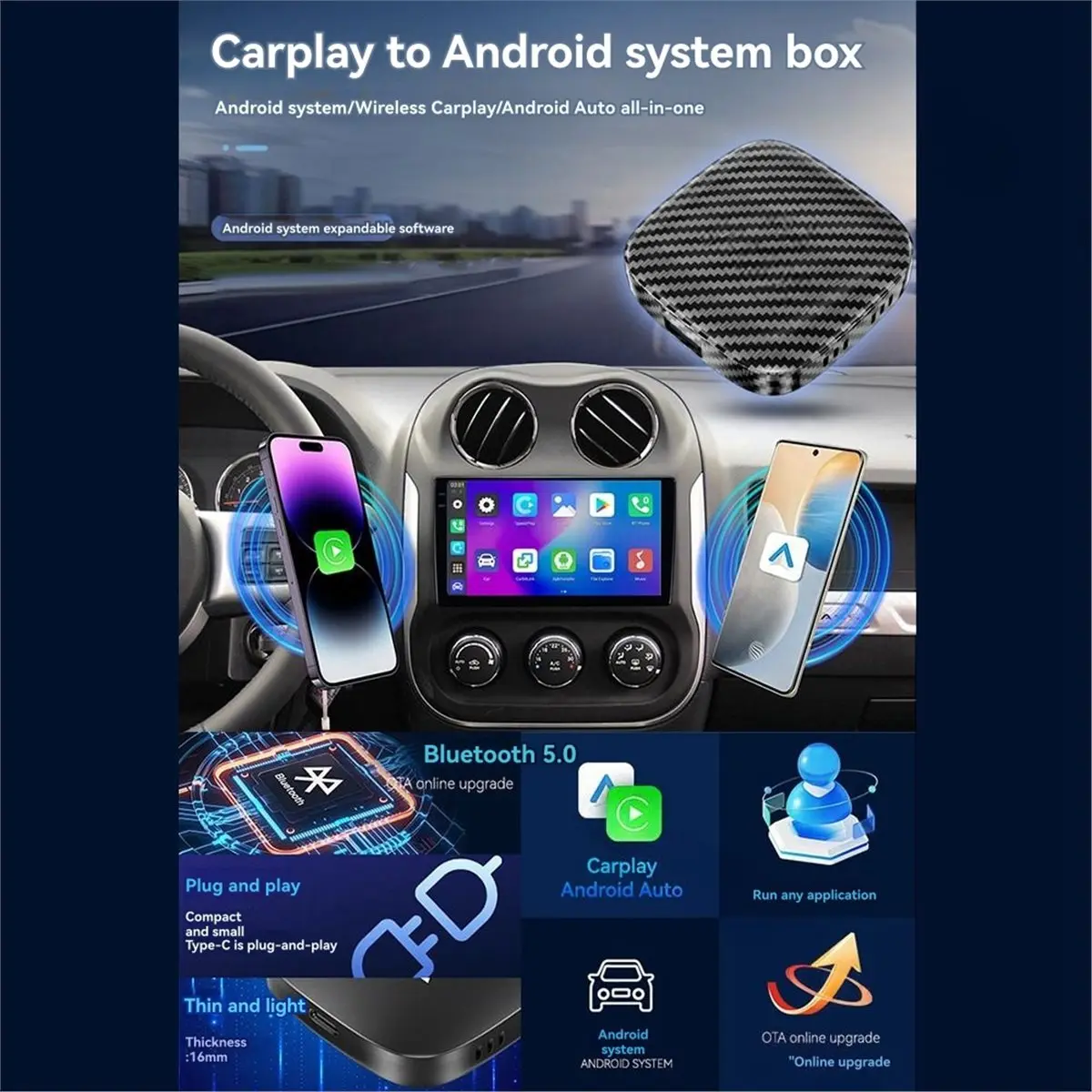 wilwill AI Box Wireless CarPlay Android Auto/Carplay/Android 13 Smart TV Box WiFi 6 Bluetooth Wireless Car Adapter 2+32G