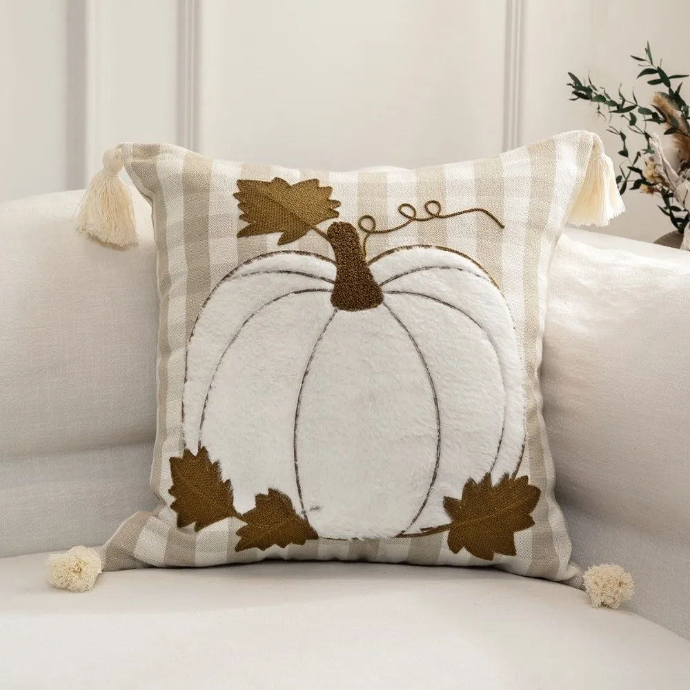 New Pumpkin Tufted Autumn Pillowcase Maple Leaves Rustic Style Throw Pillow Cover Halloween Soft Cushion Cover for Farmhouse