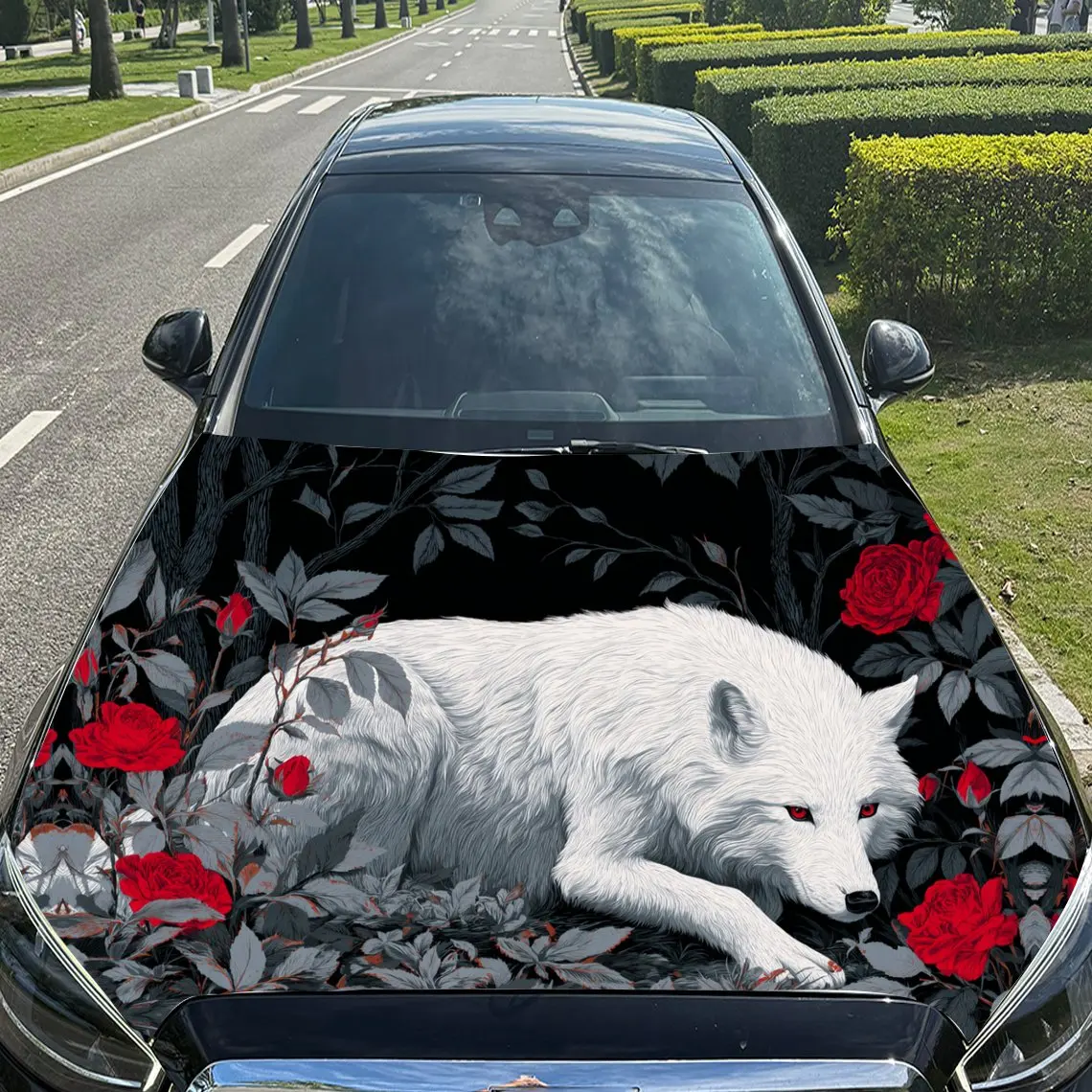 Realm of White Wolf und Red Roses Auto-Vinylfolie, wasserdichter Autohaubenaufkleber aus PVC-Material, selbstklebender, kratzfester Stic
