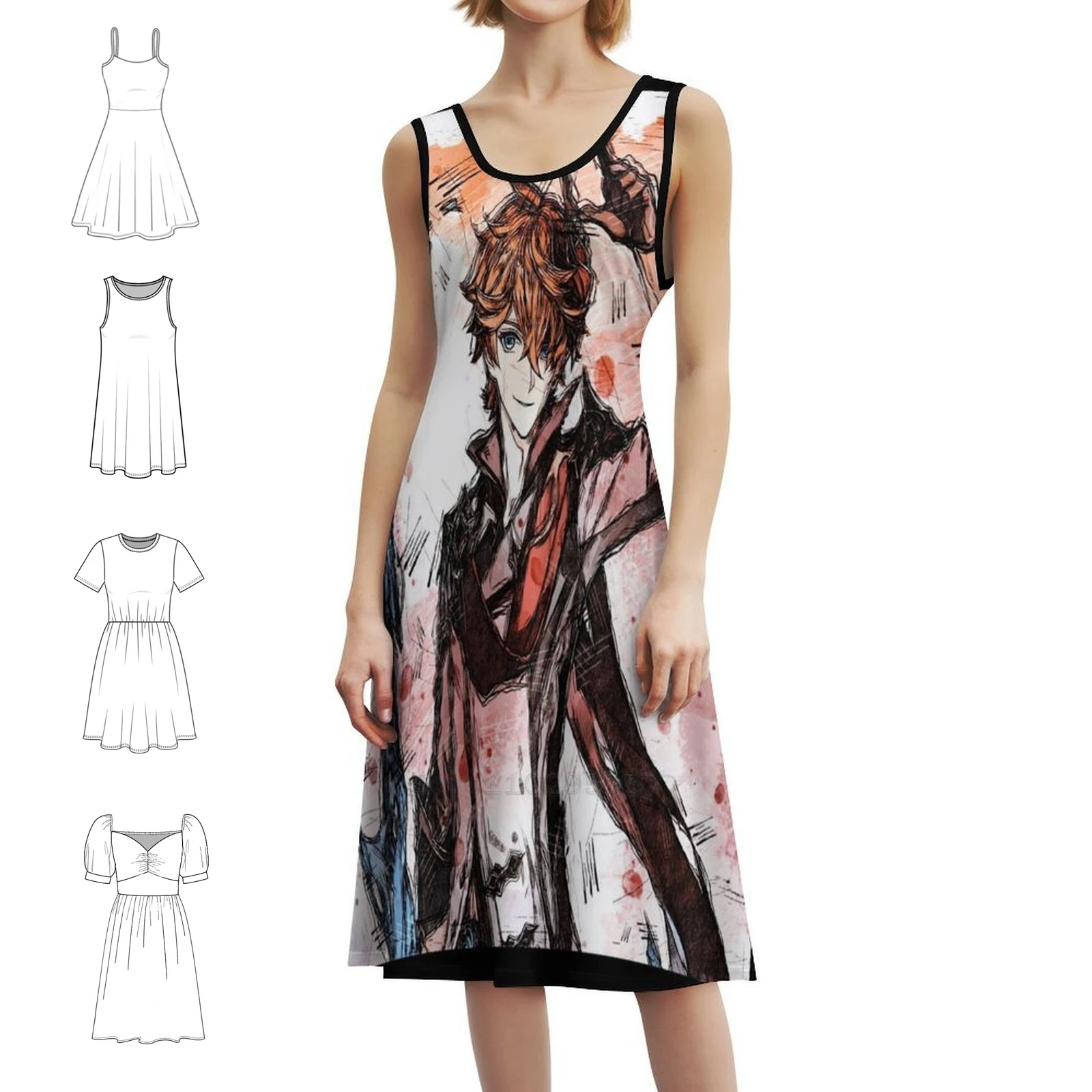 ชุดเดรสสไตล์วินเทจโบฮีเมียนลายทาร์ตาลีอาจากเกมเก็นชิน อิมแพ็ค แขนพองหรือแบบไม่มีแขนสำหรับผู้หญิง ลายแอมเบอร์จากเกมเก็นชิน อิมแพ็ค