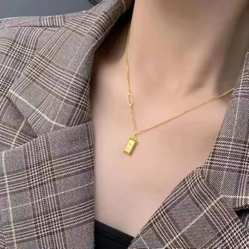 1 PCS Get Rich Small Gold Brick Necklace Women's Summer Clavicle Chain Advanced Light Luxury Gold Strip Temperament Necklace