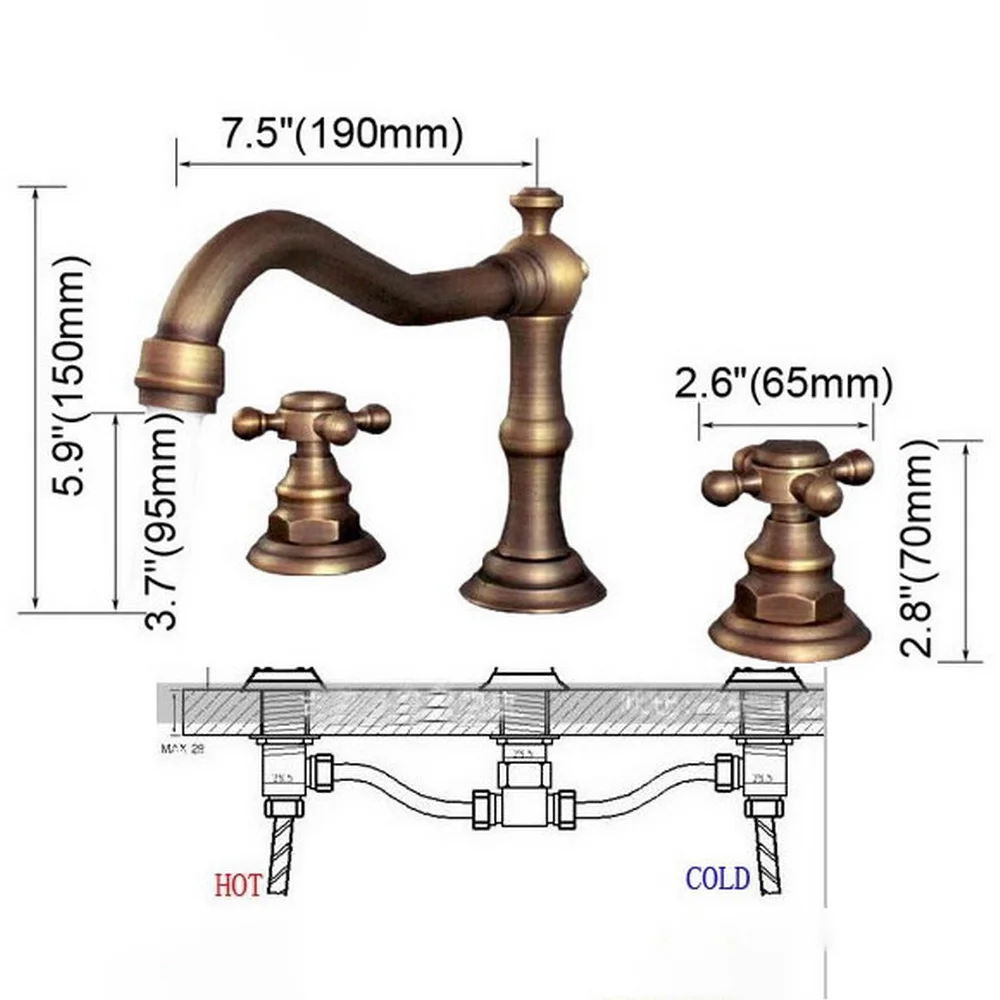 Imagem -03 - Antique Brass Torneira da Bacia Buraco Torneira Pia do Banheiro Deck Montado Sink Faucet Tap Mixer Quente e Fria do Vintage Bnf202