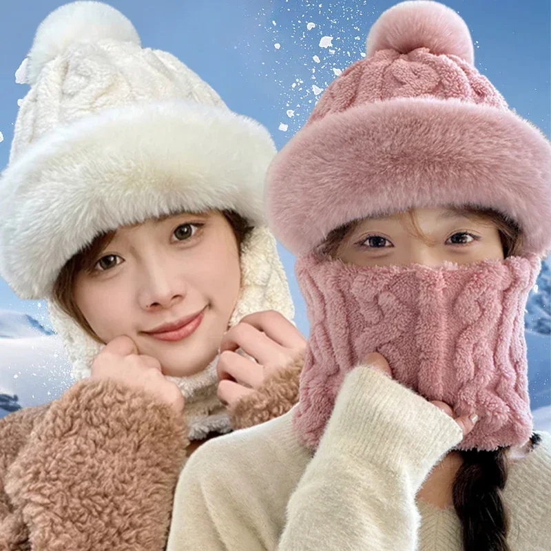 Winter Scarf Set Hooded Hat Set Women Plush Neck Warm Russia Skiing Caps Outdoor Windproof Plush Hat Thick Plush Fluffy Beanies