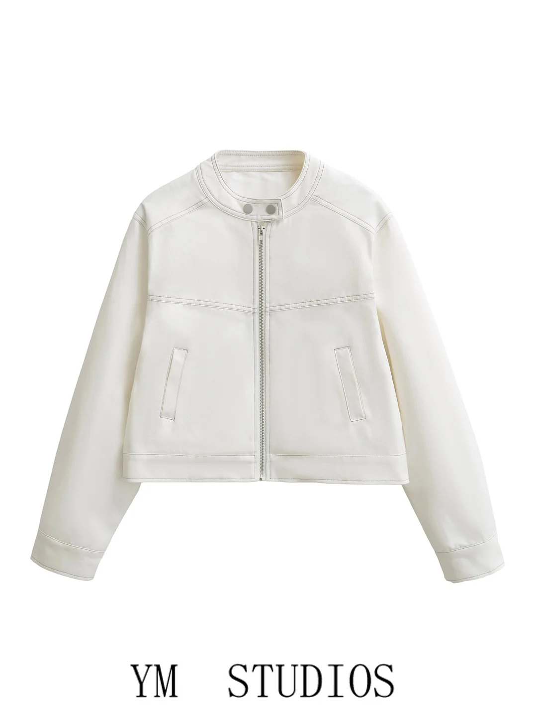 

Casual Style Short Zipper Loose Jacket Women's Spring Fashion Stand Collar Stitching Design Slimming Polyester Fiber Coat