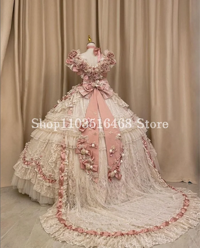 Robe de Bal du Milieu du Siècle, Rose et Blanc, Corset Lolita Nette, Applique Florale 3D, Personnalisée, Éducative