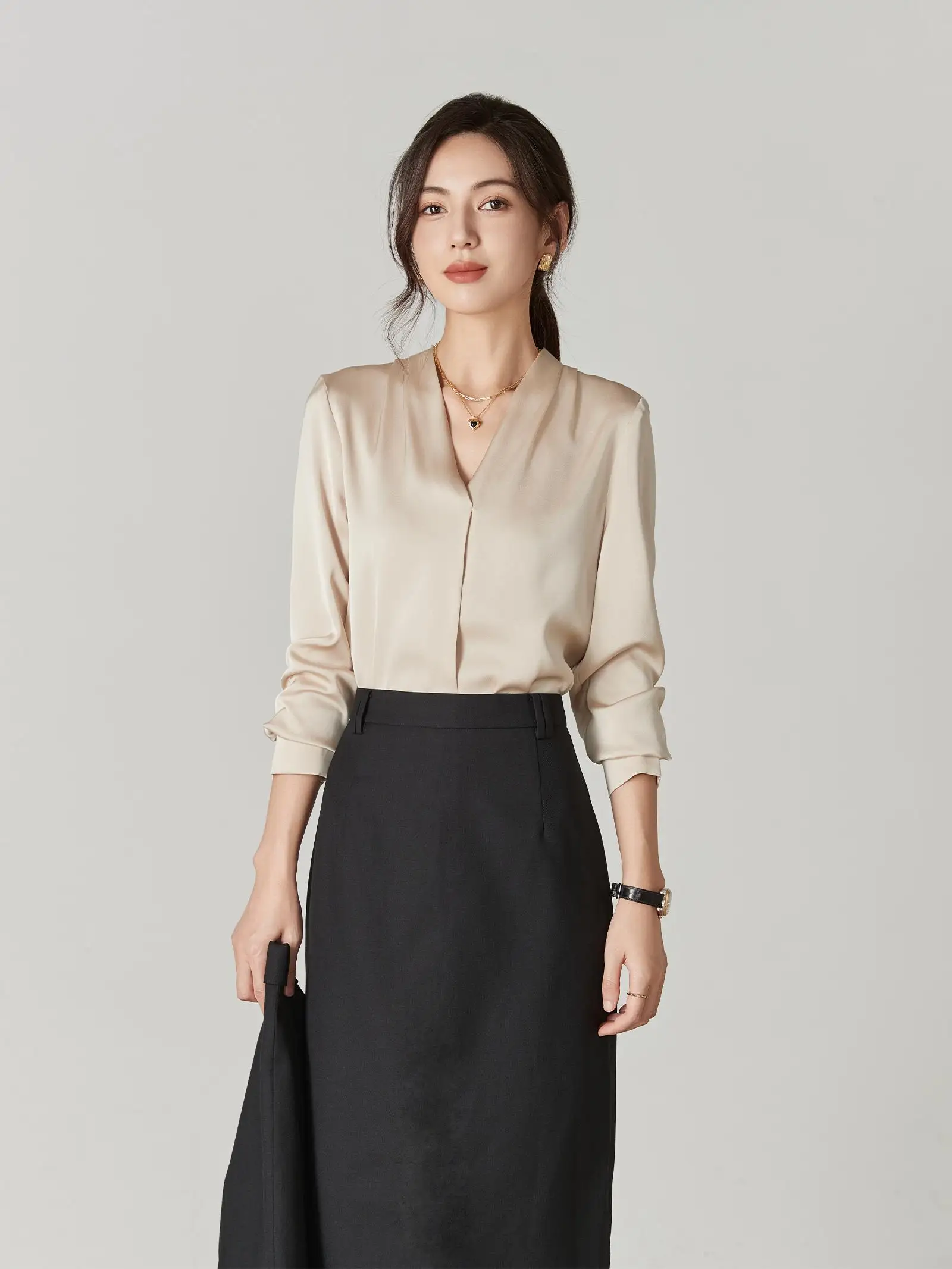 

Busin Women's irt 2025 Spring New Sle V-Ne Long Sve Slim Fit Commute Suitable No-Collar Suit Inner Wear Top