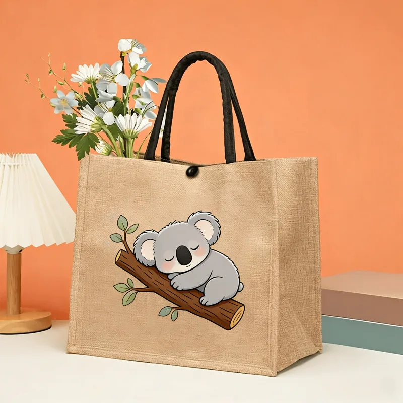 Cute Cartoon Squirrel Pinecone Print Linen Tote Bag Reusable Shopping Bag Portable Handbag Grocery Storage Shoulder Bag