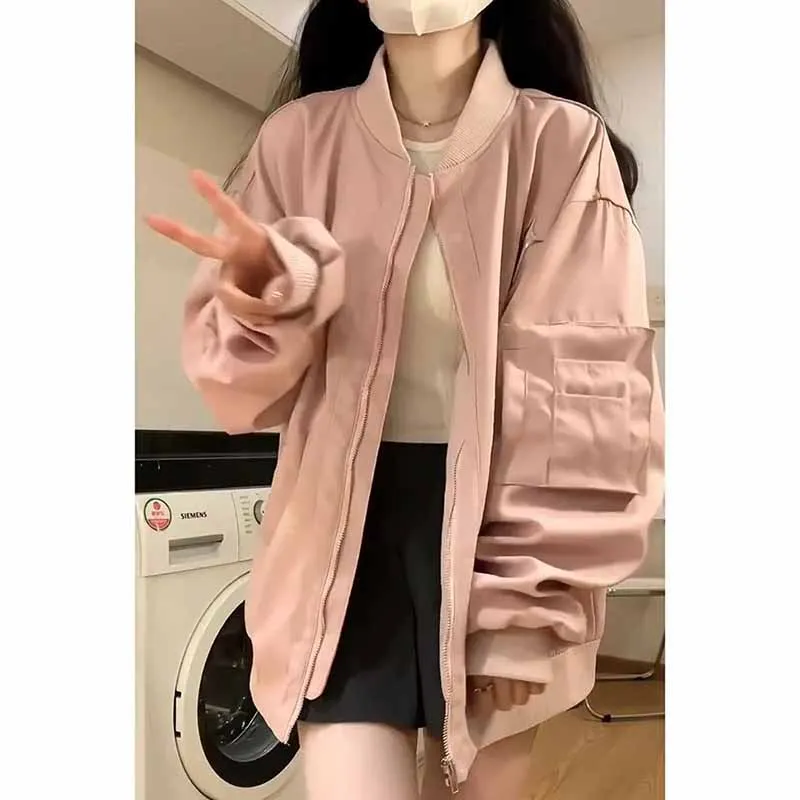 Female Spring Autumn New American Retro Pink Flight Suit Jacket Women Loose Fitting Leisure Workwear Unisex Baseball Tops Coat