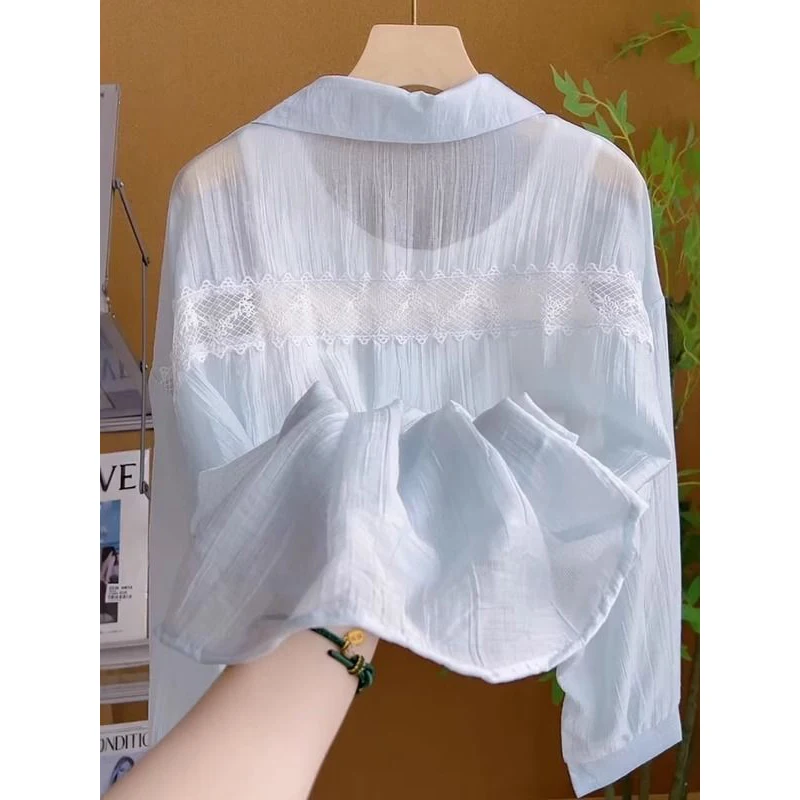 Blue Lightweight  Collar Sun Protection irt Women's Summer New Sle Lace Splicing Breathable Light Weight Open Cardiga...
