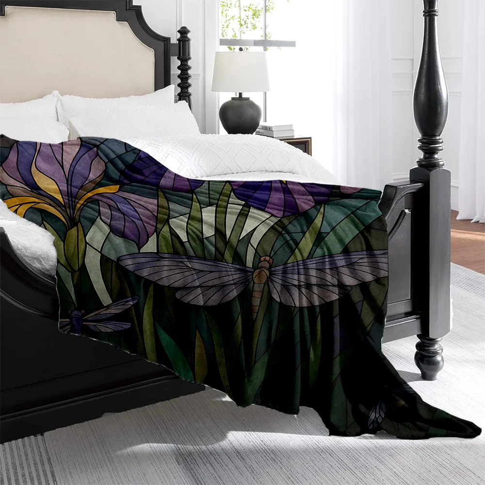 1pc Monet-Style Iris & Dragonfly Print Flannel Blanket - High-Weight Soft Warmth, Light -Friendly All-Season Throw for Sofa, Bed