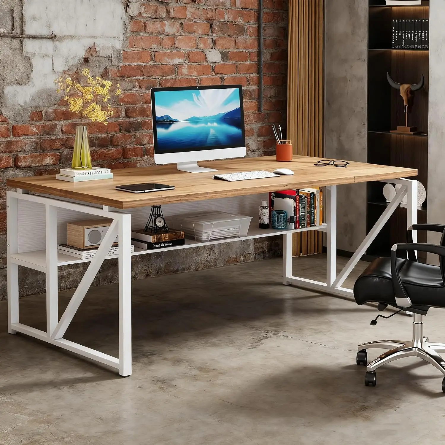 63 inches Computer Desk with Bottom Storage Shelf Home Office Writing Table Workstation Dark Walnut Steel Leg, Customized