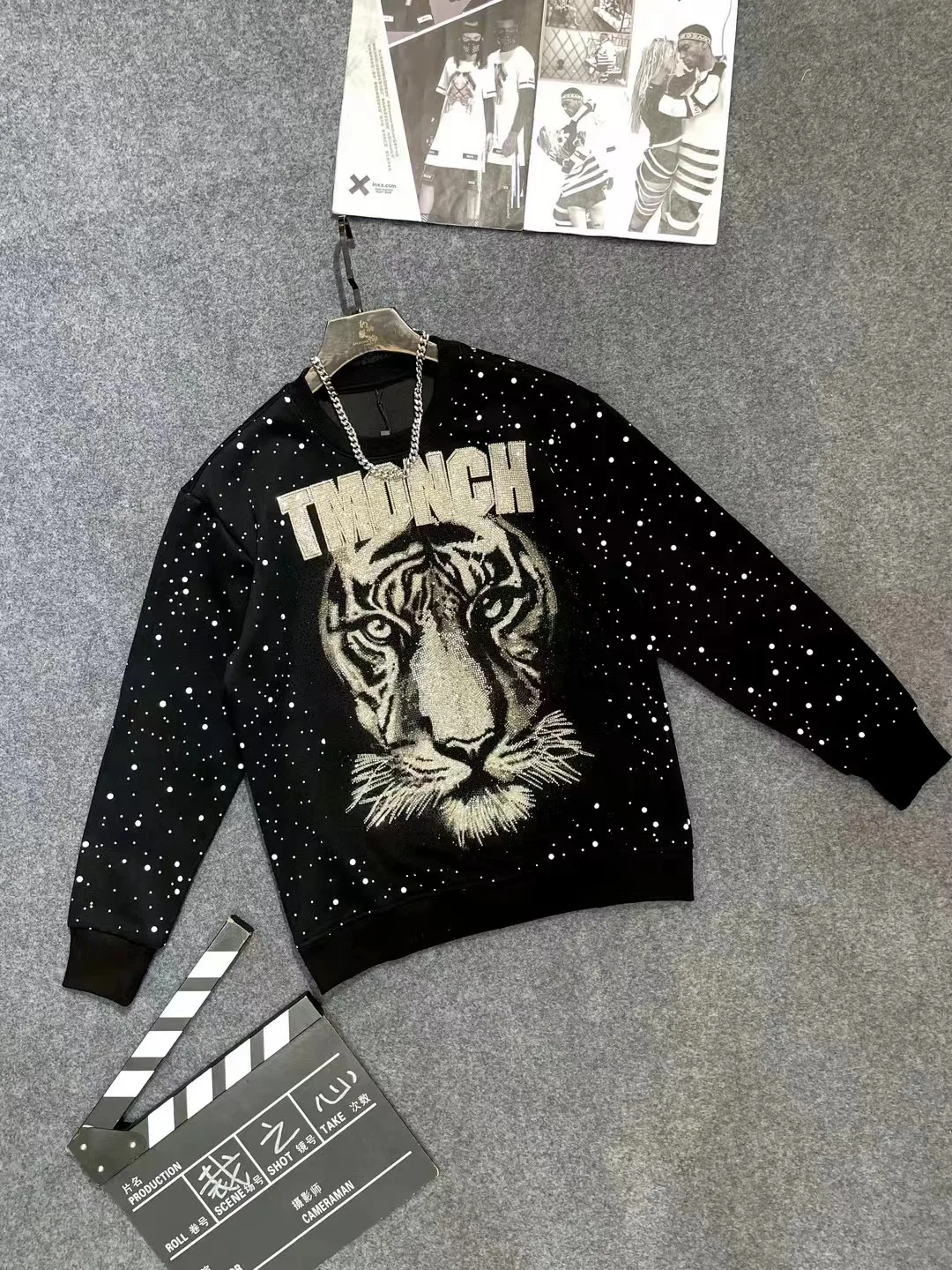Fashion Trend Heavy Rhinestone Round Neck Sweatshirt 2025 Spring New Light Luxury Loose Casual Pullover Sweatshirt Set for Men