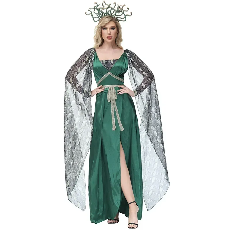 Halloween-Maskerade-Kostüm mit Serpentinenmuster, Schlitzkleid für Frauen, Hexenkleid in Grün, Kopfbedeckung, Umhang, Tüll – Detail 4
