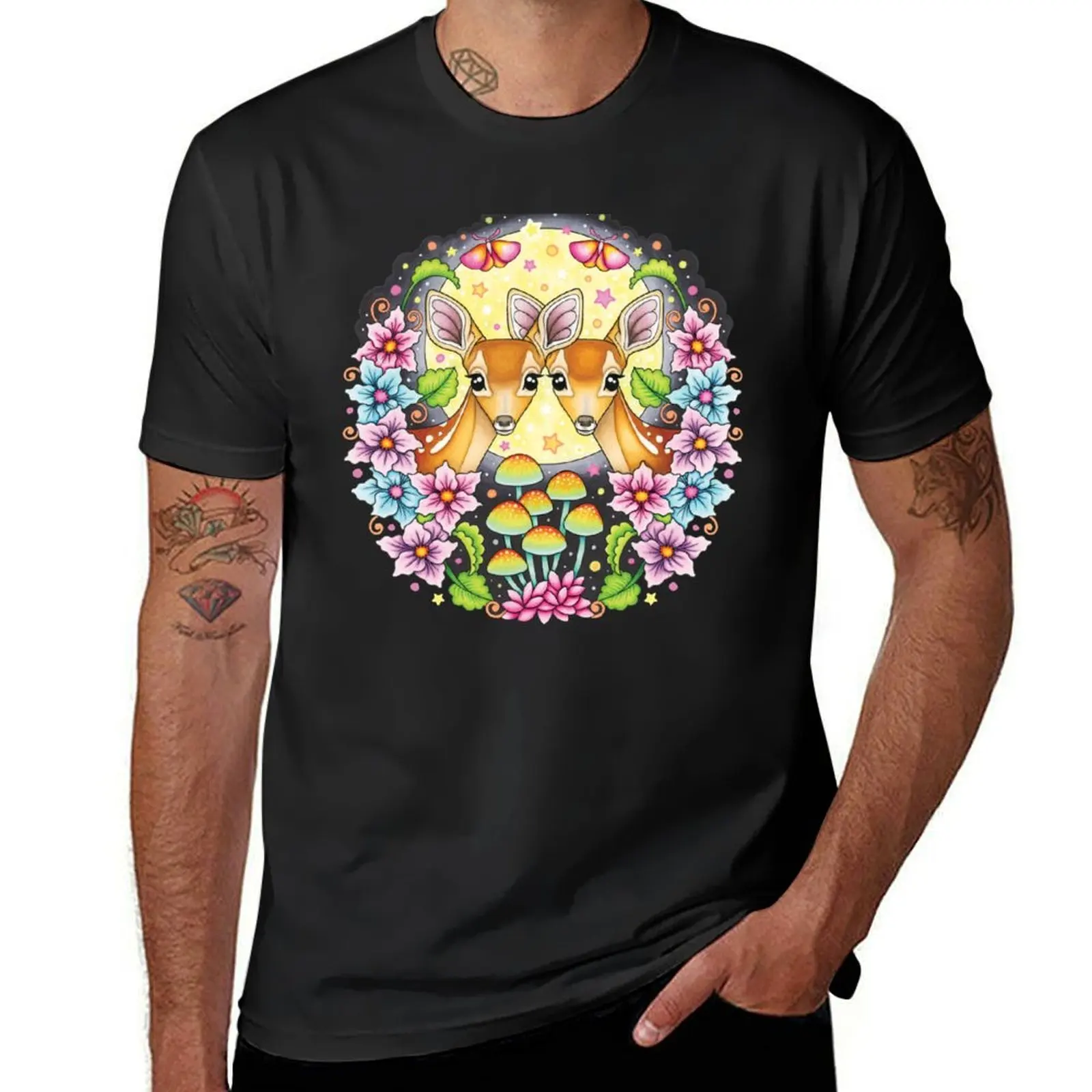 Deer in the Moonlight Art by Thaneeya McArdle with Mushrooms and Flowers T-Shirt cute clothes anime mens graphic t-shirts