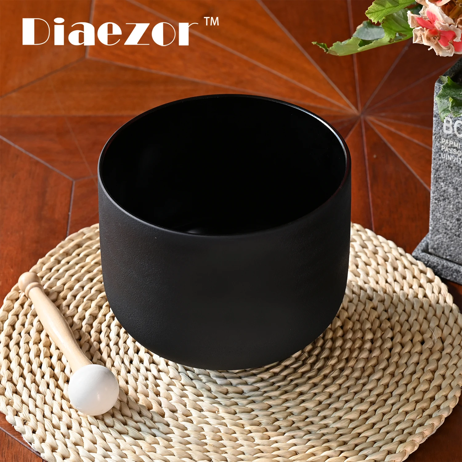 Diaezor MINOR Defect 8 Inch 440/432hz Double Black Frosted Quartz Crystal Singing Bowl Chakra for Sound Healing with Mallet