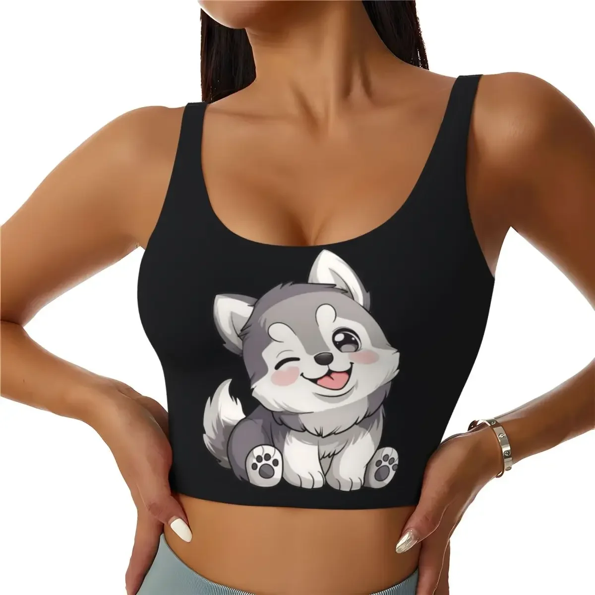 Custom Cute Winking Kawaii Husky Women Sports Bras High Impact Vest Gym Workout Yoga Crop Tank Tops