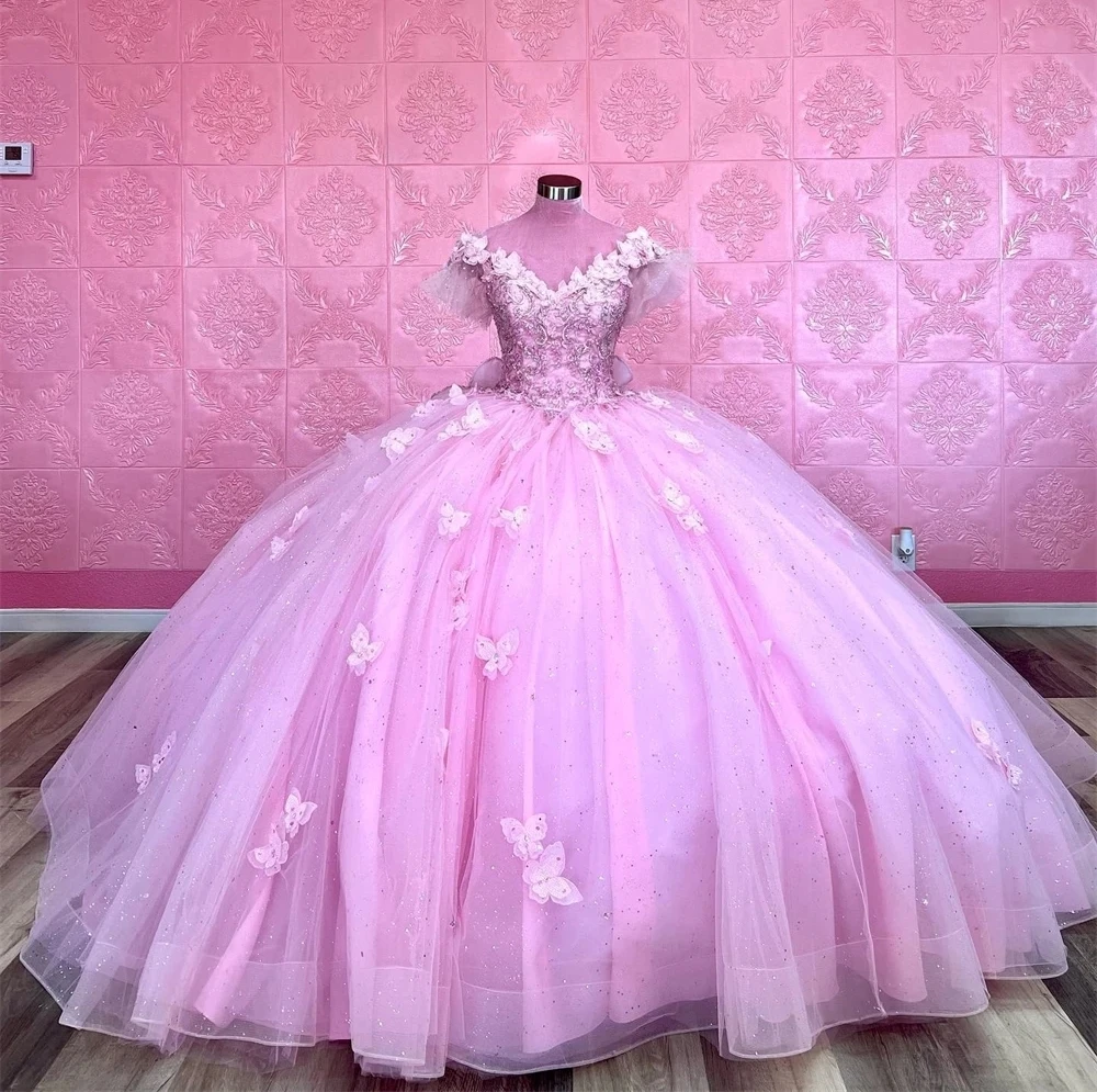 Roze Prinses Quinceanera Jurken Baljurk Van De Schouder Tule Appliques Sweet 16 Jurken 15 Años Mexicaans