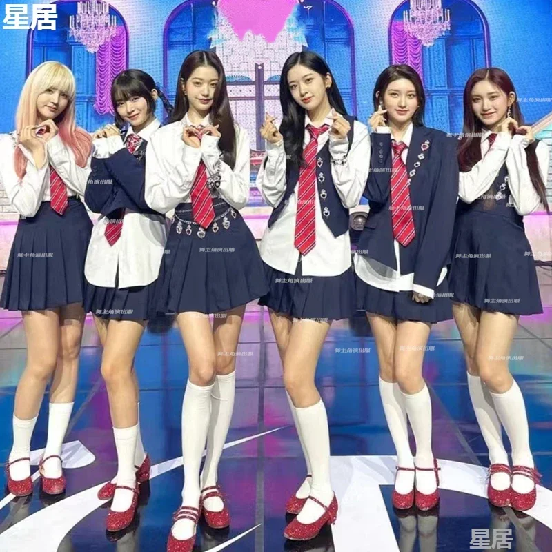 

Kpop Korean Women Group Concert Sling Dress Outfits Jazz Dance Performance Costume Festival White Shirts Pleated Skirt Rave Wear