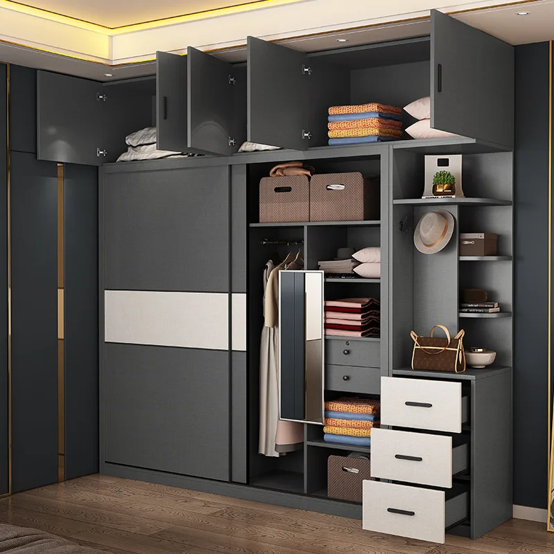 Solid wood multi-layer sliding door wardrobe household bedroom modern simple gray sliding door wardrobe