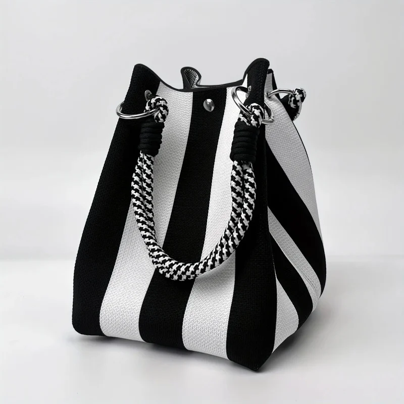 This multi-color knitted retro bucket handbag is simple and color-blocked, versatile and easy to carry with you image 6