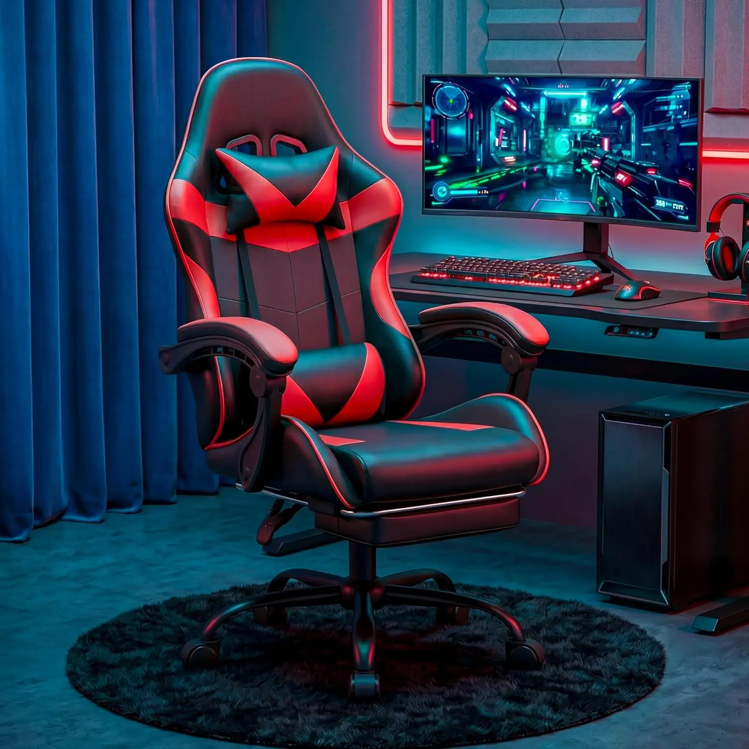 

Gaming Chair 90°-150° Reclining Backrest Footrest Headrest Lumbar Support 360° Swivel Height Adjustable High Back Office, Custom