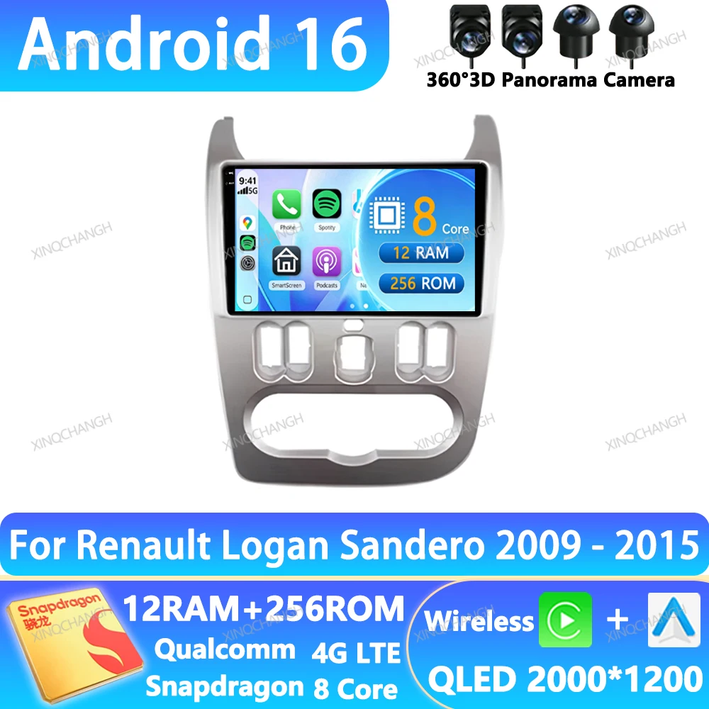 Android 16 Car Radio Carplay Auto For Renault Logan 1 Sandero 2009 - 2015 Navigation Multimedia Video Player QLED 4G LTE 5G WIFI