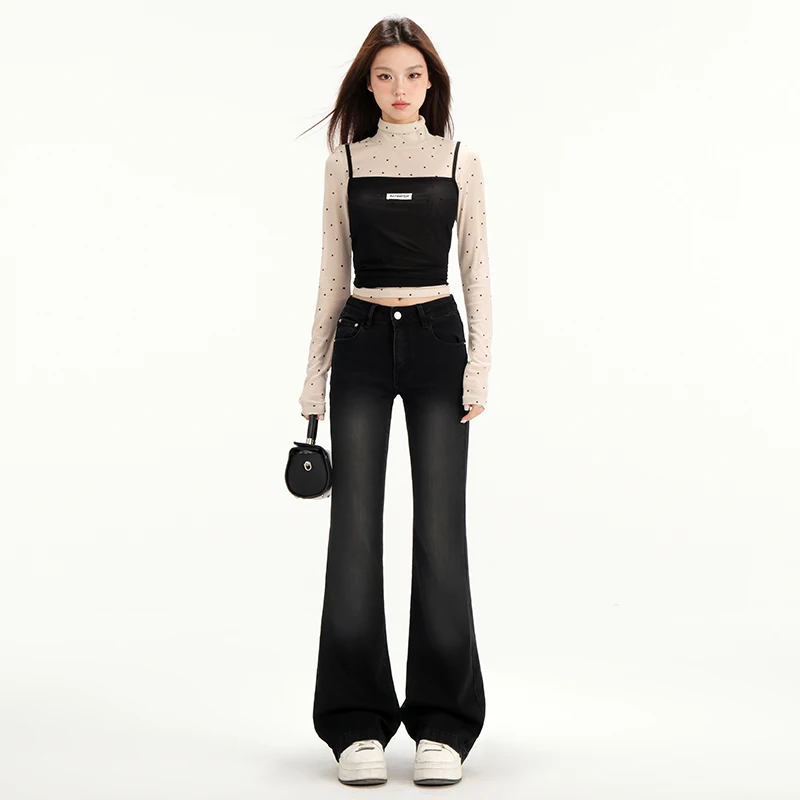 

Американские ретро-джинсы для женщин, черные, с эффектом потертости, эластичные, расклешенные.