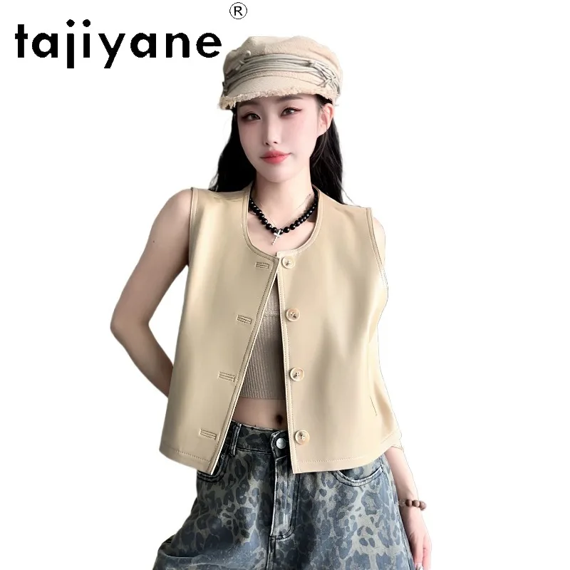 TAJIYANE Genuine Leather Jacket Woman Sheepskin Leather Vest Round Neck Veste Femme Cropped Jackets for Woman Chic Waistcoat 자켓
