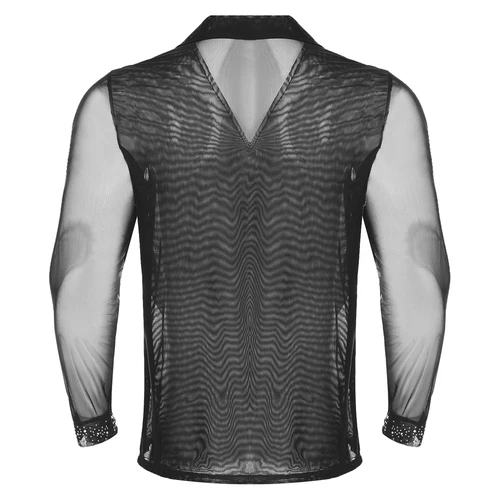 Imagen 2 del producto Tops de malla transparente para patinaje artístico para hombre, jersey de manga larga con solapa y cuello en V con diamantes de imitación brillantes para espectáculo de gimnasia y Ballet