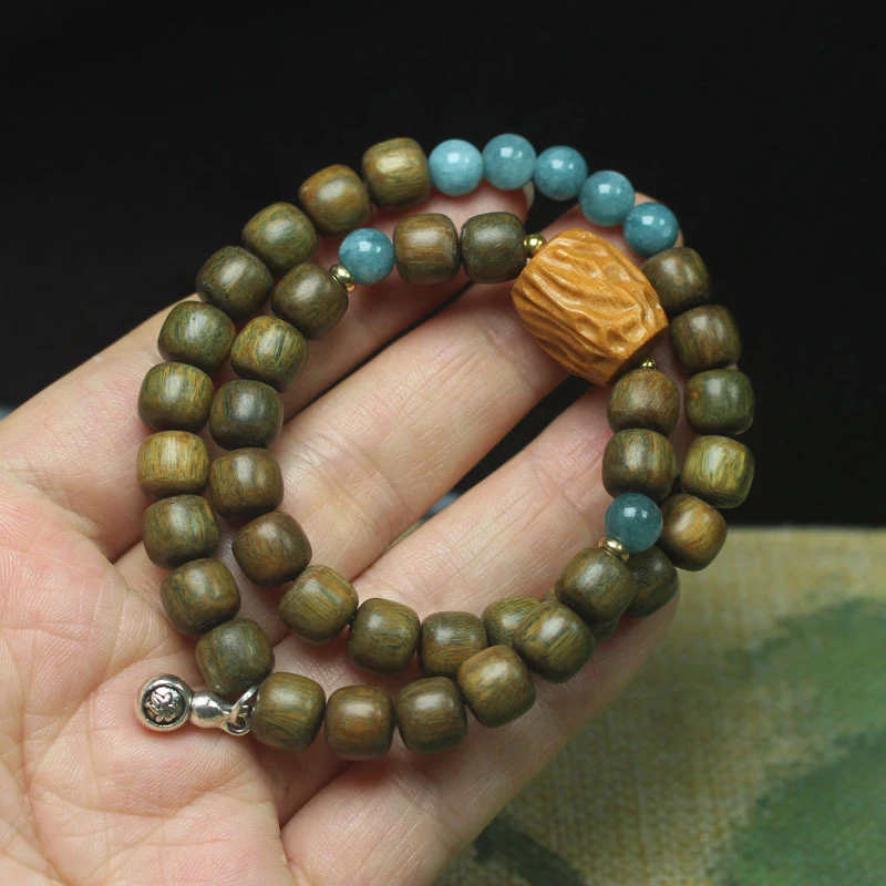 Green sandalwood with a light fragrance, double-loop vintage-style bead bracelet, natural-shaped sandalwood Buddhist prayer bead